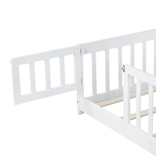 Twin Floor Bed with Slats, Fence and Door, Twin Size Montessori Floor Bed for Kids, Girls, Boys, Easy Assemble Montessori Bed Frame(Twin White) Bellemave