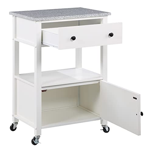 OSP Home Furnishings Fairfax Kitchen Cart with Granite Work Top and Extra Storage Drawer and Cabinet, White