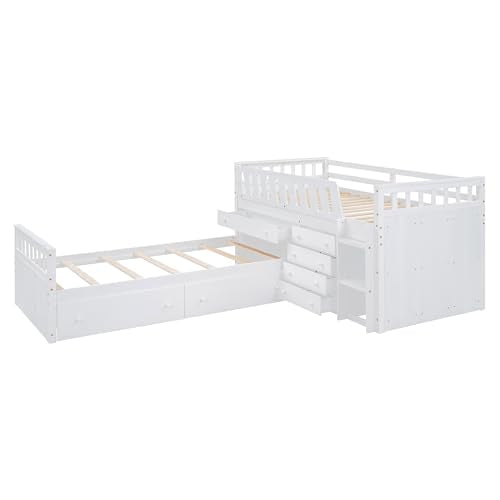 Ball & Cast L-Shaped Space-Saving Twin Low Loft with Platform Bed,Bunk Bedframe W/Full Safty Guardrails & 7 Drawers,Sturdy Construction,Easy Assembly,Functional Bedroom Set for Boy Girl Keens,White Ball & Cast