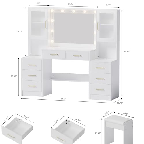 58.3" Large Vanity Desk with Mirror & Lights, Makeup Vanity with 10 LED Lights, 8 Metal Sliding Drawers & 2 Cabinets, White Vanity Set with Stool & Power Outlet 3 Lighting Modes Adjustable Brightness