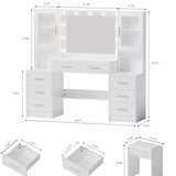 58.3" Large Vanity Desk with Mirror & Lights, Makeup Vanity with 10 LED Lights, 8 Metal Sliding Drawers & 2 Cabinets, White Vanity Set with Stool & Power Outlet 3 Lighting Modes Adjustable Brightness UGTOO