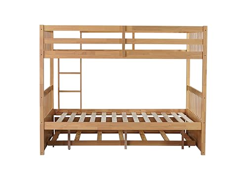 Repantes Full Over Full Bunk Bed with Trundle, Solid Rubberwood, High Weight Capacity, Converts to 2 Full Beds, with Safety Rails for Kids, Teens and Adults, Nature Repantes