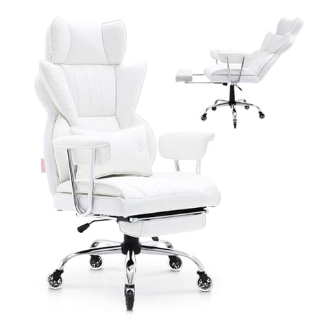 VEVOR Reclining Office Chair with Footrest, Heavy Duty PU Leather Oversize Office Chair, Big and Tall Executive Office Chairs with Lumbar Support, Strong Metal Base Quiet Wheels, White VEVOR