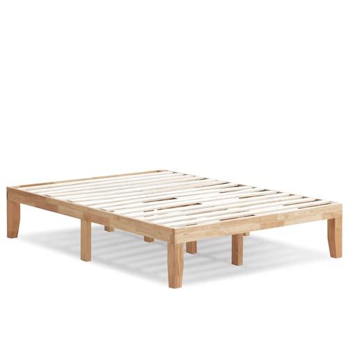 KOMFOTT 14 Inches Wood Platform Bed Frame Full Size, Solid Wood Mattress Foundation with Rubber Wood Frame, Strong Poplar Wood Slat Support, No Box Spring Needed, Bed Frame (Natural)
