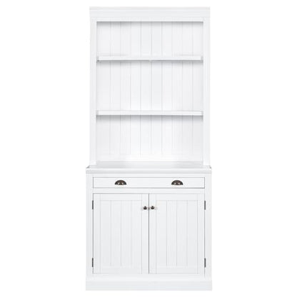 Flieks 83.4" Modern White Bookshelf with LED Lighting, Doors, and Drawer for Stylish Storage - WoodArtSupply