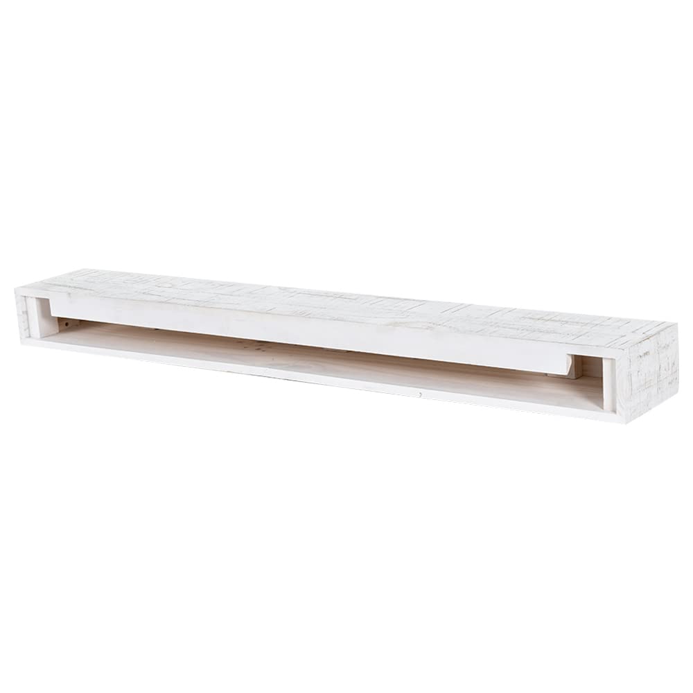 Country Living Hatteras Floating Wood Fireplace Mantel Shelf - Whitewash 60 inch Wooden Farmhouse Floating Pine Beam for Electric Fireplaces, Hearths, and Décor