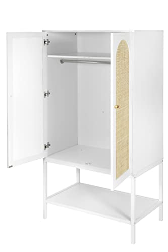 QEIUZON Wardrobe Closet, Rattan Freestanding Wardrobe Cabinet with Storage Cubes & Hanging Rod, Bedroom Armoire, 2-Doors-White QEIUZON