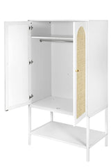 QEIUZON Wardrobe Closet, Rattan Freestanding Wardrobe Cabinet with Storage Cubes & Hanging Rod, Bedroom Armoire, 2-Doors-White QEIUZON