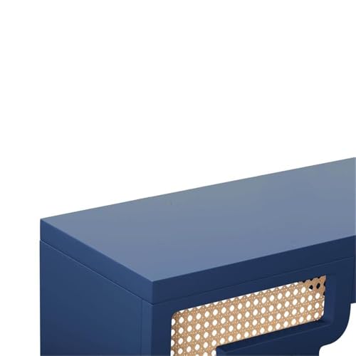Pemberly Row Rattan Console Table, Navy Finish, Handmade Wood Construction, Transitional Art Deco Style, Rounded Edges, Woven Rattan Accents, Contemporary Living Room or Hallway Furniture Pemberly Row