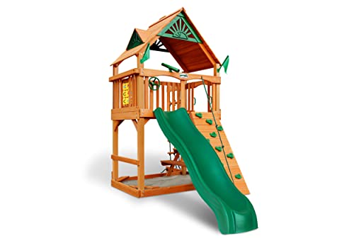 Gorilla Playsets 01-0061-AP Chateau Tower Wooden Play Tower with Wood Roof, Slide, and Climbing Wall, Brown - WoodArtSupply