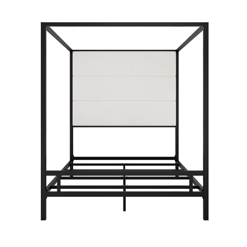 BEDGJH Queen Modern Canopy Bed Frame - Metal 4-Poster with Tall Linen Upholstered Headboard, Box Spring Required (Black,White, Queen)