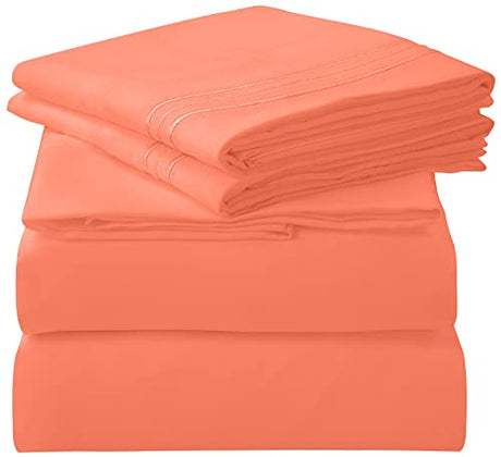 ROYALE LINENS 3 Piece Twin Sheets Set - Soft Brushed 1800 Microfiber Bedding - 1 Fitted and 1 Flat Sheet, 1 Pillow case - Wrinkle Free & Fade Resistant - Hotel Luxury Bed Sheets Set (Coral, Twin) ROYALE LINENS