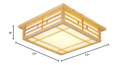 Japanese Style Square Wood Ceiling Light Fixture with LED Lamps, 110V Remote Control Dimmer Light Perfect for Bedroom, Living Room, Dining Room, and Kitchen (35x35cm) - WoodArtSupply