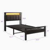 HOJINLINERO Twin Bed Frame with Charging Station & LED Lights,Storage Upholstered Headboard,Metal Bed Frame Twin Size Bed Frames No Box Spring Needed,Mattress Beds Base,Heavy Duty Steel Slats,Black HOJINLINERO
