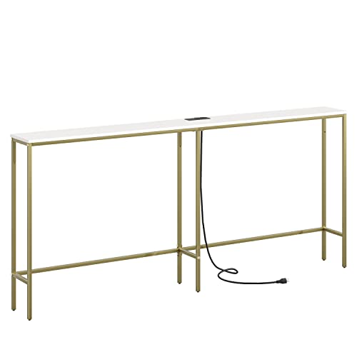 Masupu 70.9 Inch Console Table with Power Outlet，Modern Narrow Long Sofa Table Behind Couch,Skinny Entry Table with Gold Metal Frame for Entryway,Living Room, Hallway,Classic White Masupu