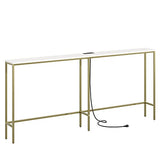 Masupu 70.9 Inch Console Table with Power Outlet，Modern Narrow Long Sofa Table Behind Couch,Skinny Entry Table with Gold Metal Frame for Entryway,Living Room, Hallway,Classic White Masupu