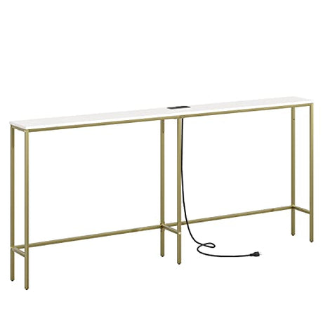 Masupu 70.9 Inch Console Table with Power Outlet，Modern Narrow Long Sofa Table Behind Couch,Skinny Entry Table with Gold Metal Frame for Entryway,Living Room, Hallway,Classic White Masupu