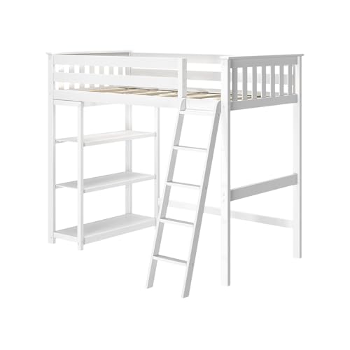 Max & Lily High Loft Bed, Twin Bed Frame For Kids With Bookcase, White Max & Lily