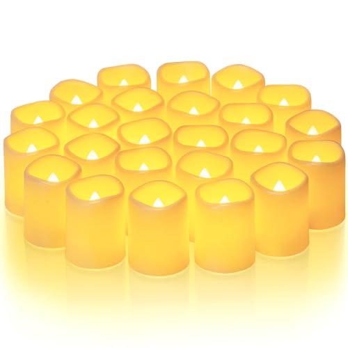 Homemory 24Pack Flickering Flameless Votive Candles, 200+Hour Electric Fake Candles, Battery Operated LED Tealight for Wedding, Outdoor, Table, Festival (Warm White,Battery Included) - WoodArtSupply