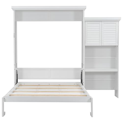 MERITLINE Queen Size Farmhouse Murphy Bed with Storage Cabinet and Shelves, Wooden Hidden Foldable Wall Bed Frame, Murphy Wall Bed Cabinet Queen for Adults, Space-Saving, White MERITLINE