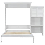 MERITLINE Queen Size Farmhouse Murphy Bed with Storage Cabinet and Shelves, Wooden Hidden Foldable Wall Bed Frame, Murphy Wall Bed Cabinet Queen for Adults, Space-Saving, White MERITLINE
