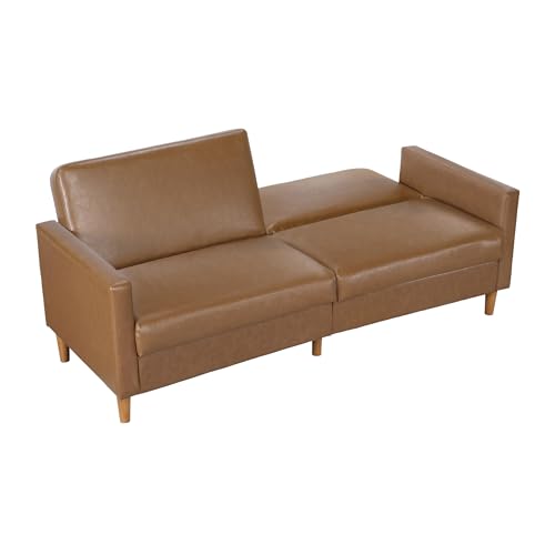 Lexicon 79"W Convertible Futon Sofa Bed, Loveseat, Faux Leather Upholstered Couch Sleeper, Adjustable Backrests, Padded Pocket Coil, Solid Wood Legs for Living Room, Bedroom, Apartment, Office, Camel Lexicon