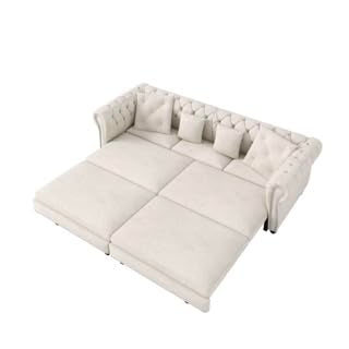 LuxyHoom 89" King Pull Out Sofa Bed, Velvet Chesterfield Sleeper Sofa Couch, 3 in 1 Convertible Tufted Futon Couches with Ottoman for Living Room, Small Space, Apartment, Office, Bedroom, Beige LuxyHoom