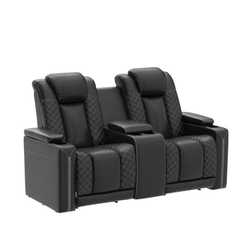 CANMOV Home Theater Seating, Electric Power Recliner Chairs with USB Ports and Cup Holders, Breathable Faux Leather Recliner Set with Hidden Arm Storage, Ambient Lighting (Row of 2, Black) CANMOV