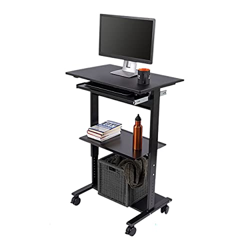 Stand Up Desk Store Mobile Rolling Adjustable Height Standing Workstation with Printer Shelf and Slideout Keyboard Tray (Black Frame/Black Top, 30" Wide) S Stand Up Desk Store