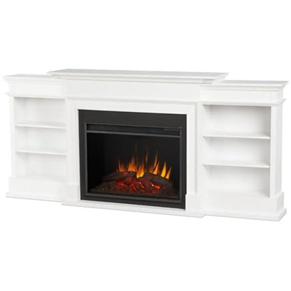 BOWERY HILL 92" W Modern Wood Electric Fireplace TV Stand with Mantel & Remote Control, 6-Feet Power Cord and Hardware, 5 Flame Brightness Levels, for TVs up to 85", in White & Black Finish