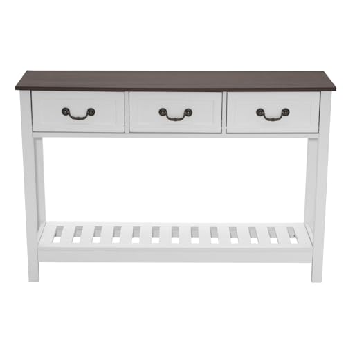VEVOR 47 in Console Table, Farmhouse Desk Behind The Couch with Drawers and Bottom Storage Shelf, Wooden Rectangle Entrance Narrow Sofa Table for Hallway, Bedroom, Living Room, Foyer, Brown + White VEVOR
