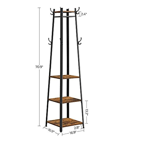 VASAGLE ALINRU Coat Rack with 3 Shelves, Stand with Hooks for Scarves, Bags and Umbrellas, Steel Frame, Industrial Style, Rustic Brown and Black ULCR80X VASAGLE