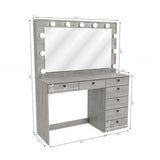 Boahaus Isolde Large Greige Makeup Vanity Desk with Lights, 7 Drawers, USB and Power Outlet, Large Top, Vanity Mirror with Lights Built-in, Farmhouse, Crystal Knobs, 58.2'' H x 47.2'' W x 17.7'' D Boahaus