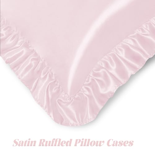 Homiest Ruffled Satin Sheets Twin Size 4pc Set - Blush Pink Bed Sheet Set with 15 Inch Deep Pocket Fitted Sheet, 1 Flat Sheet, 1 Ruffled Pillow Shams & 1 Pillowcases, Similar to Silk Sheets Homiest