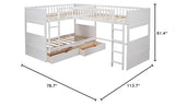 Merax L Shaped Solid Wood Bunk Bed, Twin Over Twin Over Twin Bed with 2 Drawers and 2 Ladders, Twin Size Bunk Bed with a Loft Bed Attached, White Merax