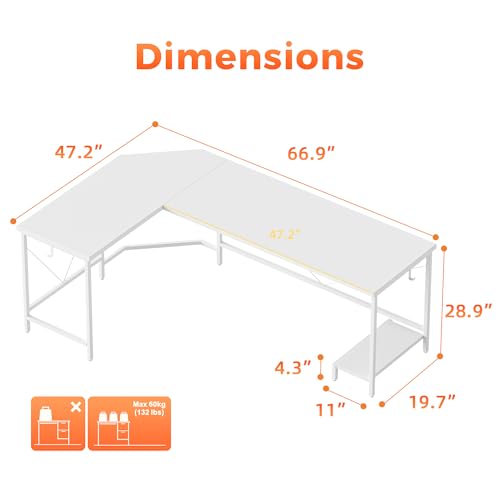 Mericonia 66 inch Large Corner Gaming Desk, Simple L Shaped Desk with CPU Stand & Hooks, Computer Desk for Home, Bedroom & Office Workspace, White Mericonia