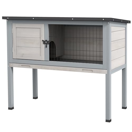 PawHut Elevated Wooden Rabbit Hutch, Indoor/Outdoor Bunny Cage with Hinged Asphalt Roof and Removable Tray for Guinea Pig, Gray PawHut