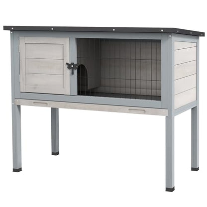 PawHut Elevated Wooden Rabbit Hutch, Indoor/Outdoor Bunny Cage with Hinged Asphalt Roof and Removable Tray for Guinea Pig, Gray - WoodArtSupply