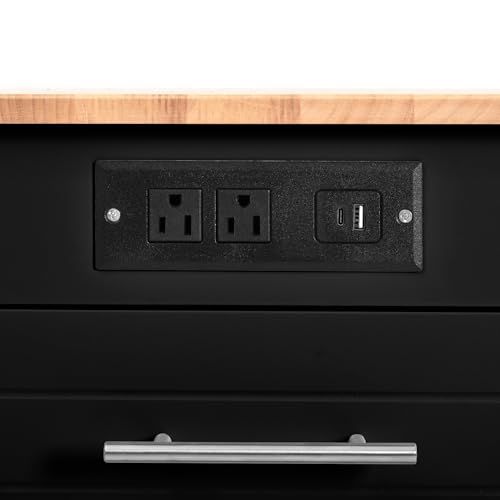 Ball & Cast Fluted Kitchen Island with Trash Can Storage Cabinet,Power Outlet,Internal Storage Rack,Rolling Kitchen Islands On 5 Wheels W/3 Drawers & 3 Open Side Racks for 10 Gallon Garbage Bin,Black Ball & Cast