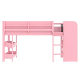 Bellemave Twin Loft Bed with Storage Boxes and Bookshelves, Solid Wood Kids Loft Bed with Desk and Blackboard, Low Loft Beds Frame for Kids, Girls, Boys, Childlike Design, Pink Bellemave