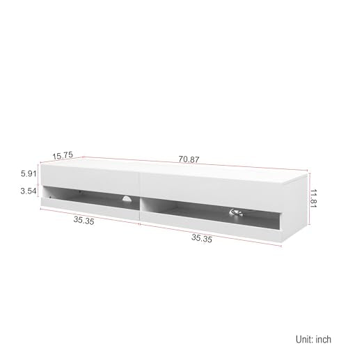 LED Floating TV Stand for 75 inch TV, Modern Wall Mounted TV Shelf with Light String for 55 65 75 Inch TV, Elegant Entertainment Center Equipped with Power Outlet, Front High Gloss TV Console White Banzeem