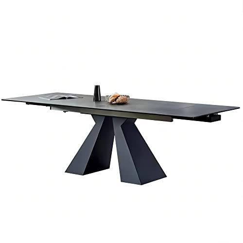 TimesGate Expandable Dining Table for 8-12 Seat, Flexible Stretch, Tabletop Made from Rock Plate and Tempered Glass, Solid Carbon Steel Base, 35.4" D x 94.5" W x 30" H, Dark Grey TimesGate