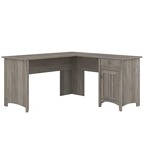 Bush Furniture Salinas L-Shaped Storage | Study Table with Drawers & Cabinets | Home Office Computer Desk, 60W, Driftwood Gray - WoodArtSupply