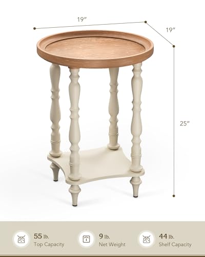 VONLUCE French Country End Table, 19'' Round Farmhouse Side Table, Distressed Wood Tray Top Rustic Accent Table for Living Room Bedroom, Small Space, Beige