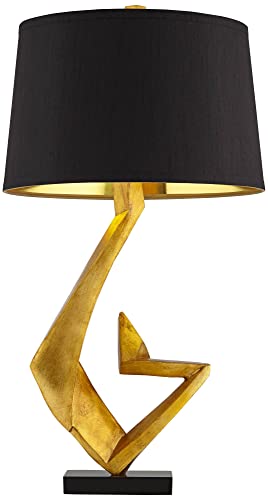 Possini Euro Design Zeus Mid Century Modern Glam Luxury Table Lamp 28.5" Tall Sculptural Gold Leaf Metal Black Fabric Tapered Drum Shade Decor for Living Room Bedroom House Bedside Nightstand Home Possini Euro Design