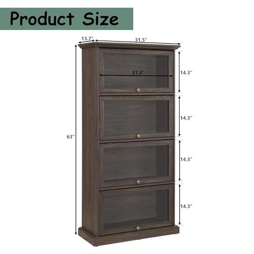 HIUU Brown Glass Display Curio Cabinet with Glass Doors,Brown Showcase Display Cabinet,Shelves with Flip-Up Glass Doors,Farmhouse Barrister Bookcase HIUU