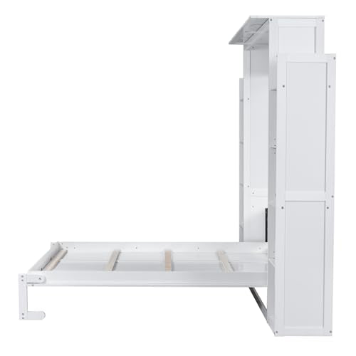 Ball & Cast Queen Size Murphy Bed Wall Bed with Shelves and LED Lights,can be Folded,Hideaway Cabinet Bed Frame W/ 2 Five-Layer Cabinets,Slat Support,for Apartment,Bedroom,Guest Room,White Ball & Cast