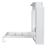 HABITRIO Queen Size Murphy Bed, Wooden Queen Murphy Bed Wall Bed with LED Lights and Shelves, White HABITRIO