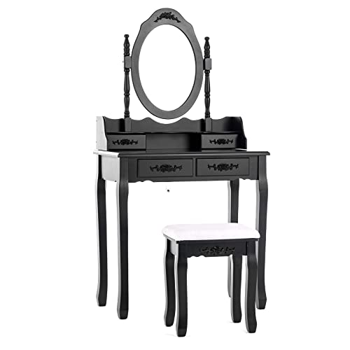 Mecor Vanity Table,Makeup Dressing Table with Oval Mirror,Bedroom Vanity Set w/Cushioned Stool 4 Drawers Women Girls Kids Black mecor