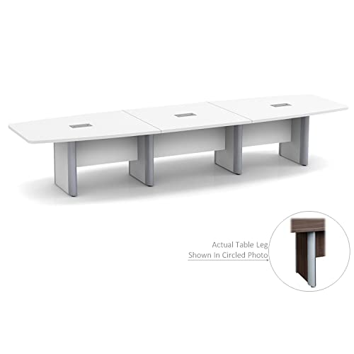 Thaweesuk Shop New White 14 FT Modern Boat Shaped Conference Table Wood Hide Wires Inside Elliptical Metal Legs Desk Grommets Racetrack 3 Power Modules Silver Room Business Meeting Boardroom Furniture Generic